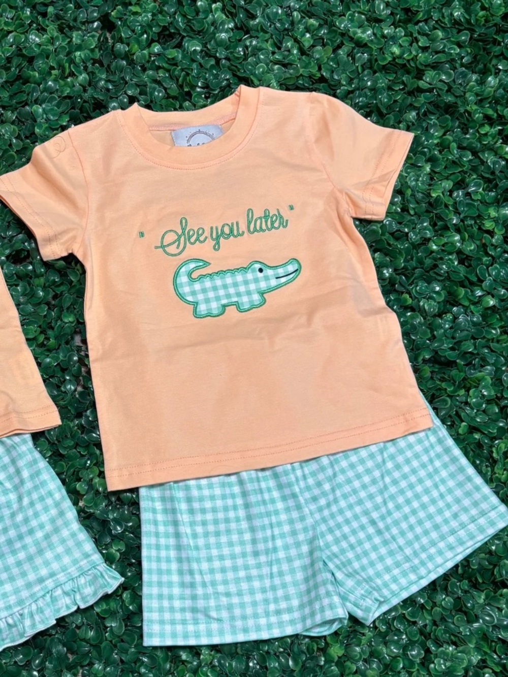 Peach & Mint Gingham Crocodile Kids Set